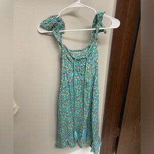 Off the Shoulder Tiare Hawaii Teal Floral Mini Dress With Laced Up Front